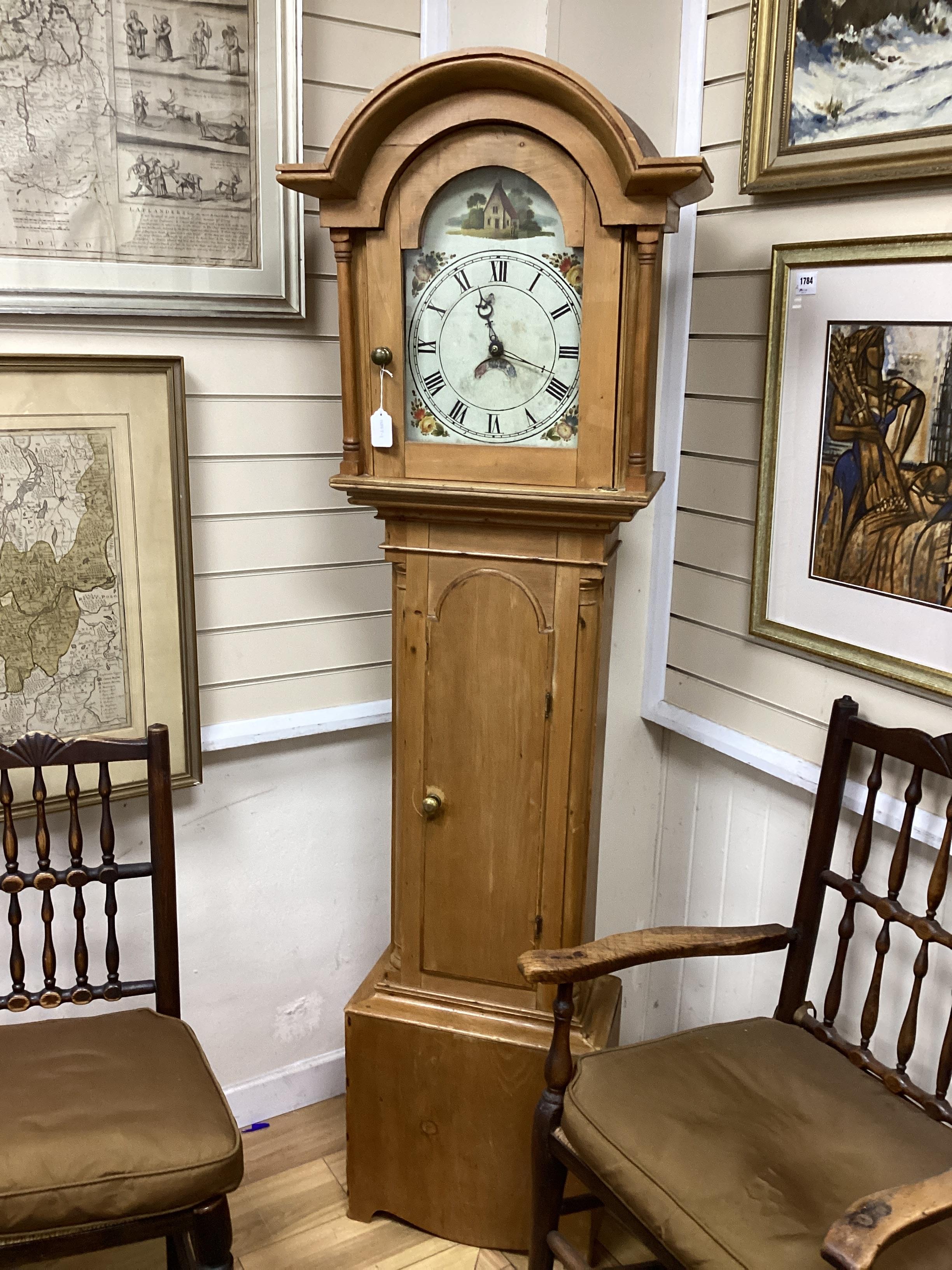 A 19th century pine thirty hour longcase clock with painted arched dial, height 191cm